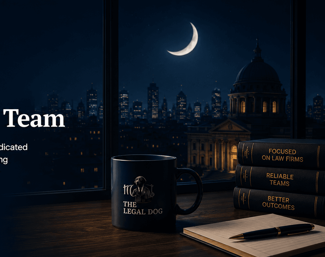 Nighttime legal office scene with city skyline, moon, books, and The Legal Dog mug.