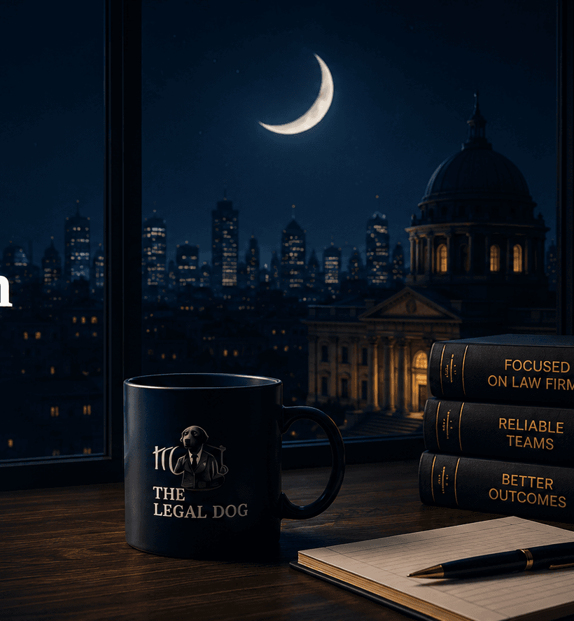 Nighttime legal office scene with city skyline, moon, books, and The Legal Dog mug.